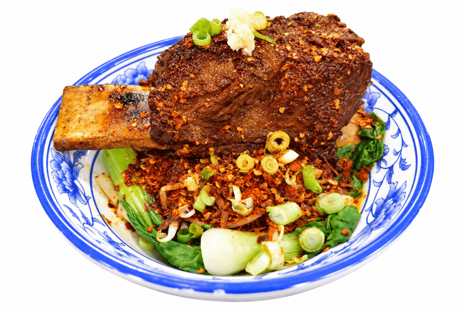 XL Beef Short Rib on Splashed-Chilli-Oil Flat Noodles with Garlic and Sauce