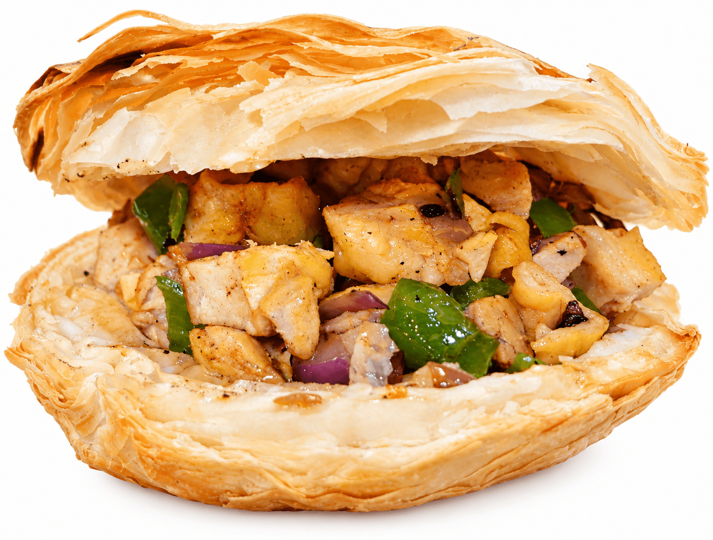 Chicken Puff Burger (Roujiamo) with Chicken, Red Onion, Green Pepper