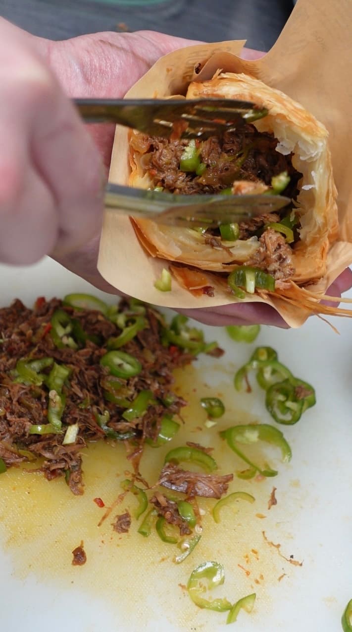 Freshly filled beef Roujiamo in the kitchen