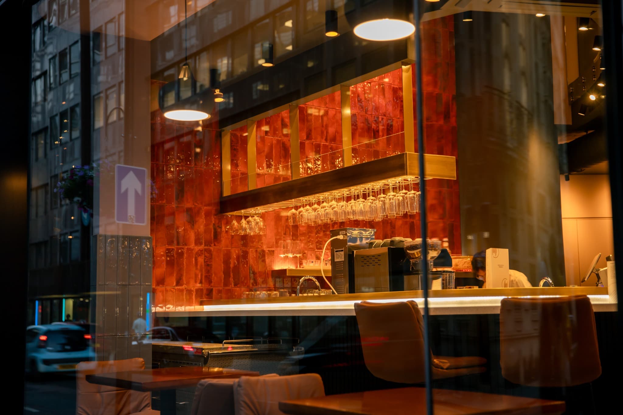 Papa Noodle’s warmly lit window seating